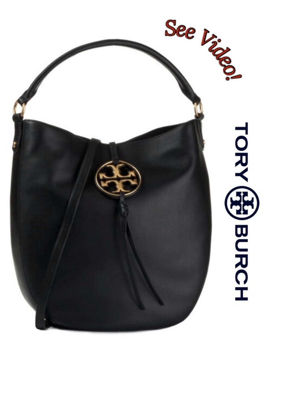 Tory Burch Miller Metal-Logo Slouchy Hobo in Butter-Soft Black Leather MSRP $578